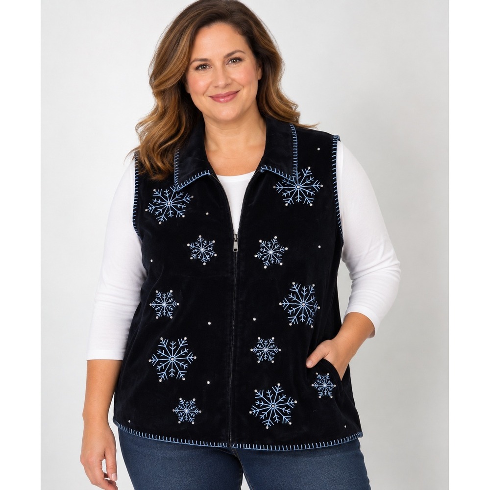 Quacker Factory Black Velvet Snowflake Rhinestone Zip Front Vest Plus 1X NWT